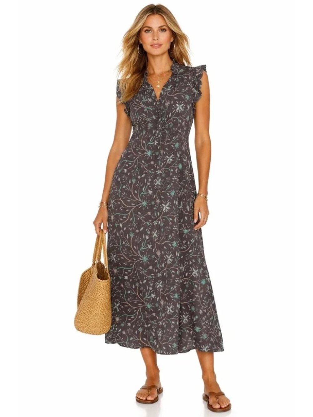 Xirena April Dress Graphite Mint Cotton Silk Floral Ruffle Midi Maxi XS 3103